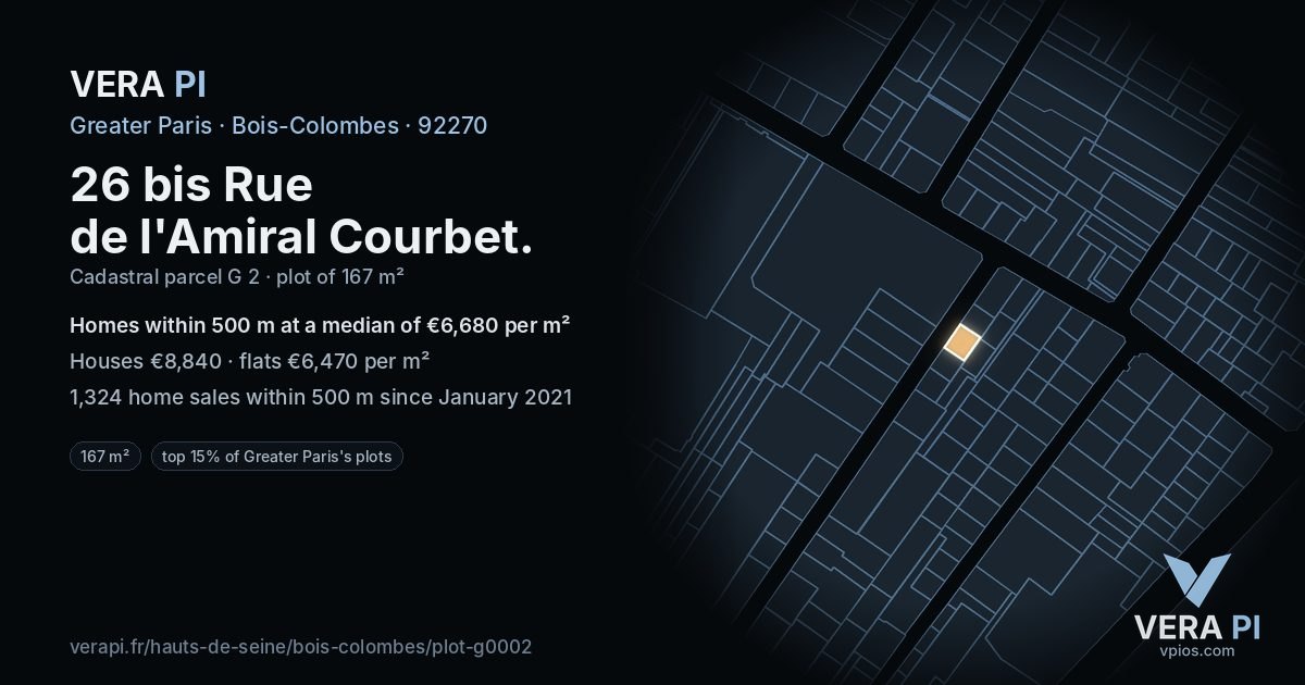26 bis Rue de l'Amiral Courbet, Bois-Colombes at night – the plot lit, the parcels around coloured by the prices near them