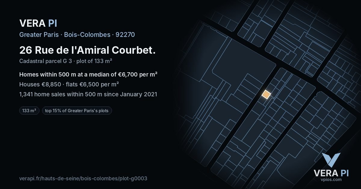 26 Rue de l'Amiral Courbet, Bois-Colombes at night – the plot lit, the parcels around coloured by the prices near them