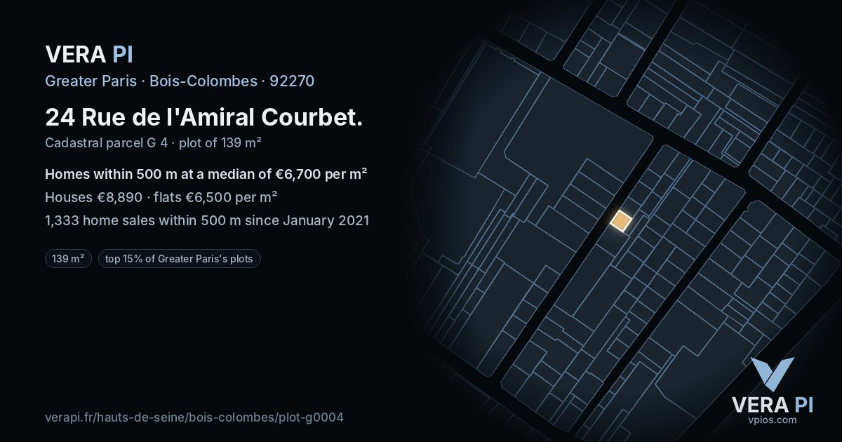 24 Rue de l'Amiral Courbet, Bois-Colombes at night – the plot lit, the parcels around coloured by the prices near them