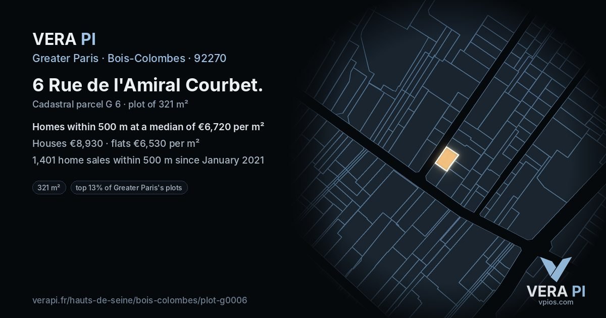 6 Rue de l'Amiral Courbet, Bois-Colombes at night – the plot lit, the parcels around coloured by the prices near them