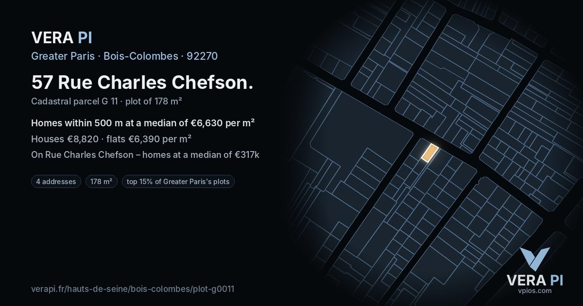57 Rue Charles Chefson, Bois-Colombes at night – the plot lit, the parcels around coloured by the prices near them