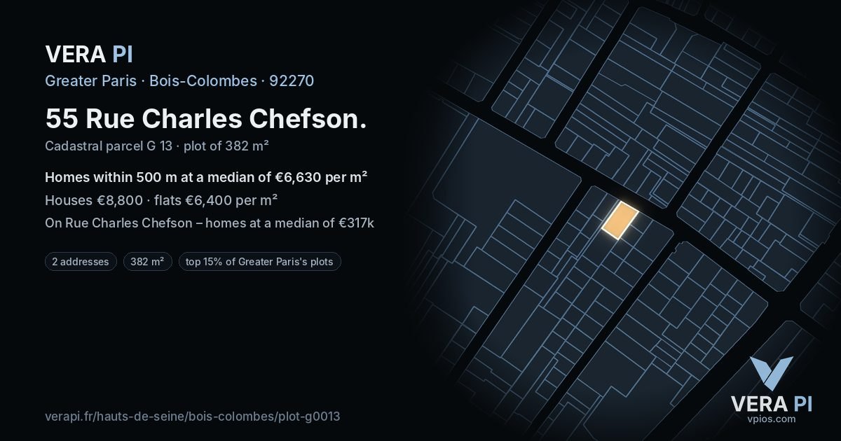 55 Rue Charles Chefson, Bois-Colombes at night – the plot lit, the parcels around coloured by the prices near them