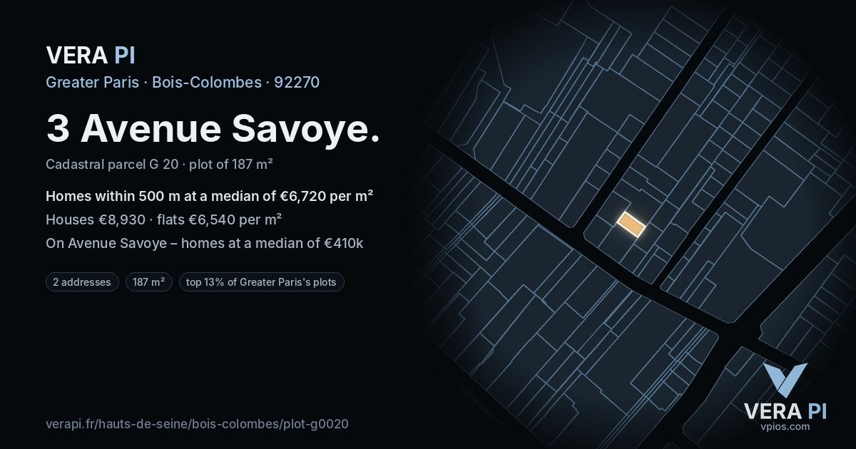 3 Avenue Savoye, Bois-Colombes at night – the plot lit, the parcels around coloured by the prices near them