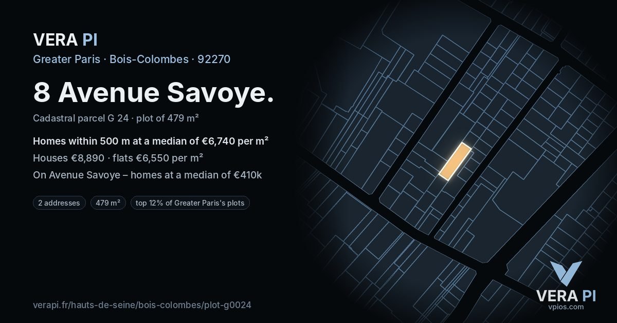 8 Avenue Savoye, Bois-Colombes at night – the plot lit, the parcels around coloured by the prices near them