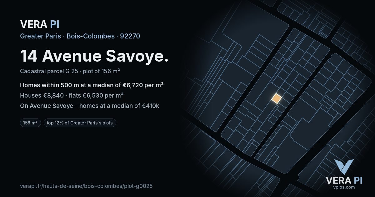 14 Avenue Savoye, Bois-Colombes at night – the plot lit, the parcels around coloured by the prices near them