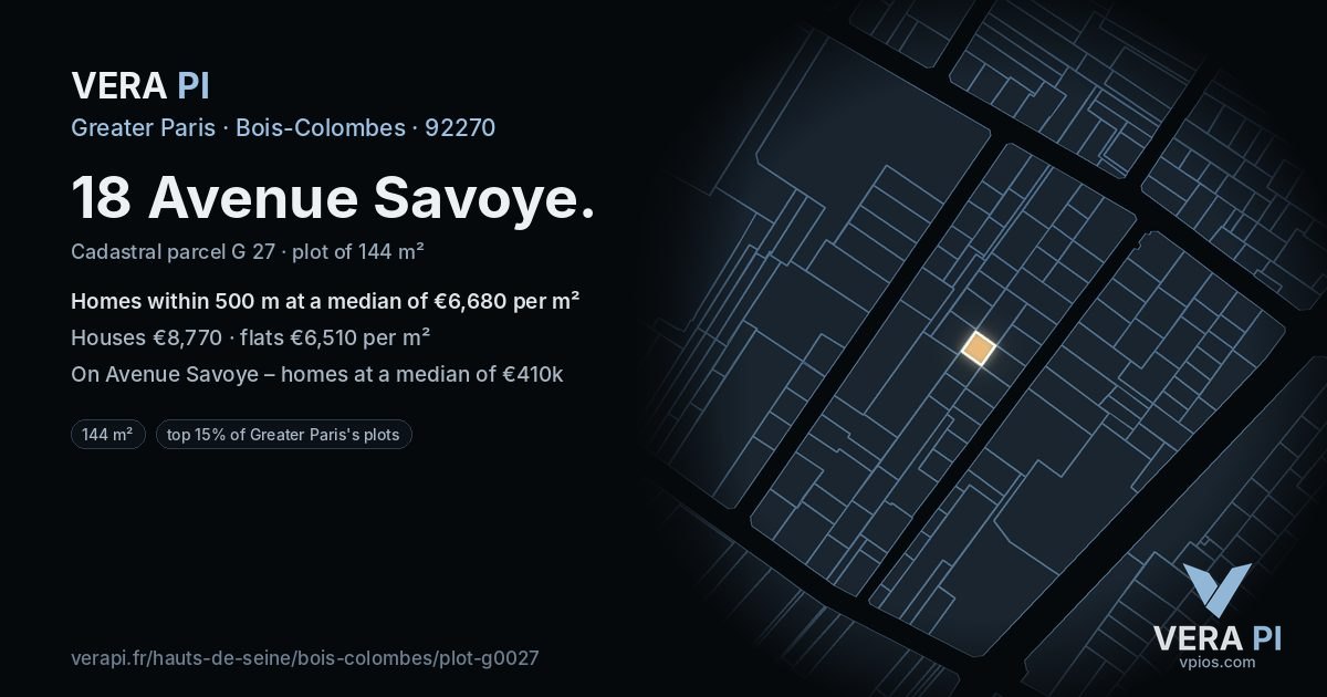 18 Avenue Savoye, Bois-Colombes at night – the plot lit, the parcels around coloured by the prices near them