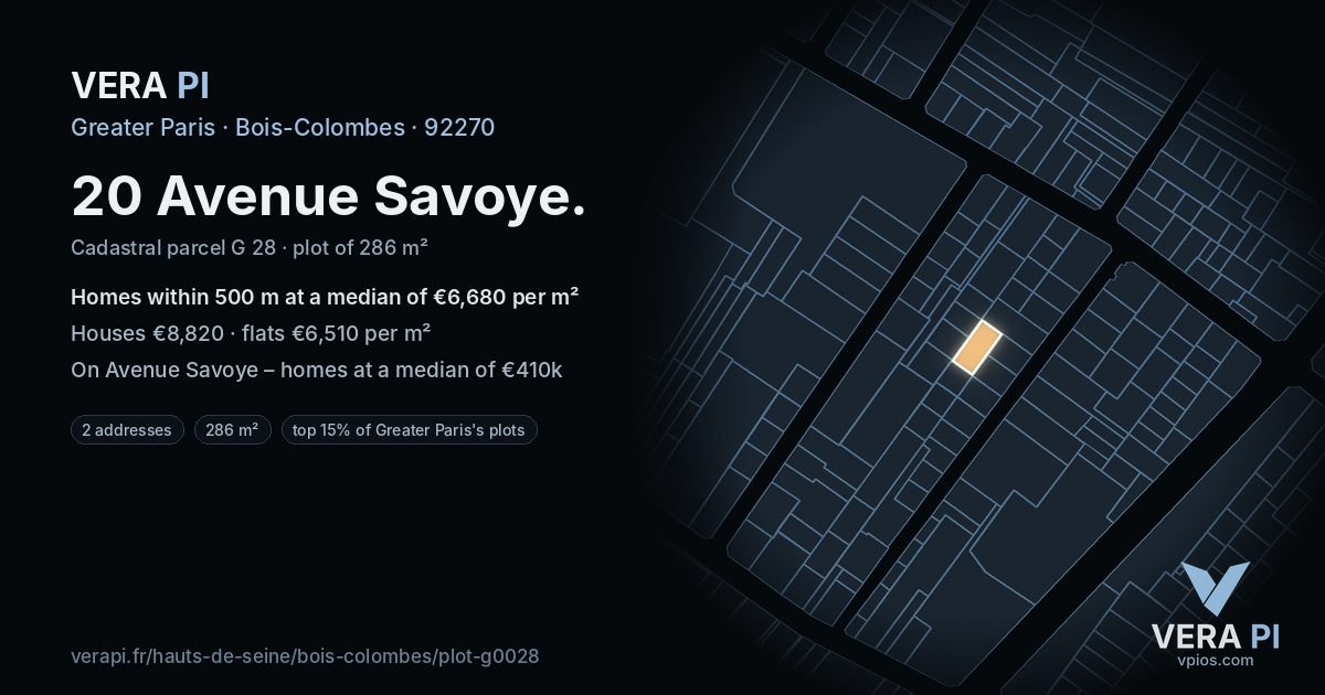 20 Avenue Savoye, Bois-Colombes at night – the plot lit, the parcels around coloured by the prices near them