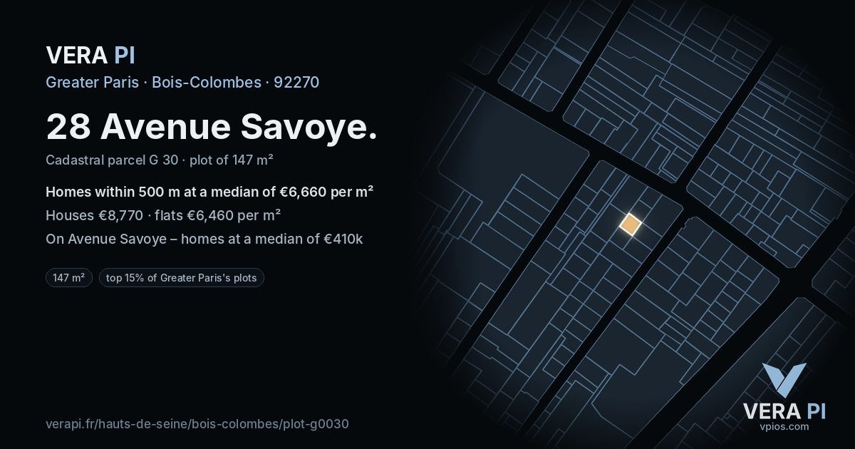28 Avenue Savoye, Bois-Colombes at night – the plot lit, the parcels around coloured by the prices near them