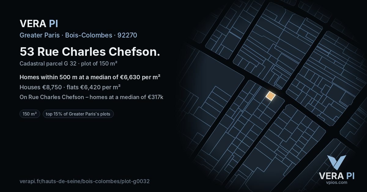 53 Rue Charles Chefson, Bois-Colombes at night – the plot lit, the parcels around coloured by the prices near them