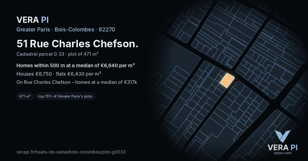 51 Rue Charles Chefson, Bois-Colombes at night – the plot lit, the parcels around coloured by the prices near them