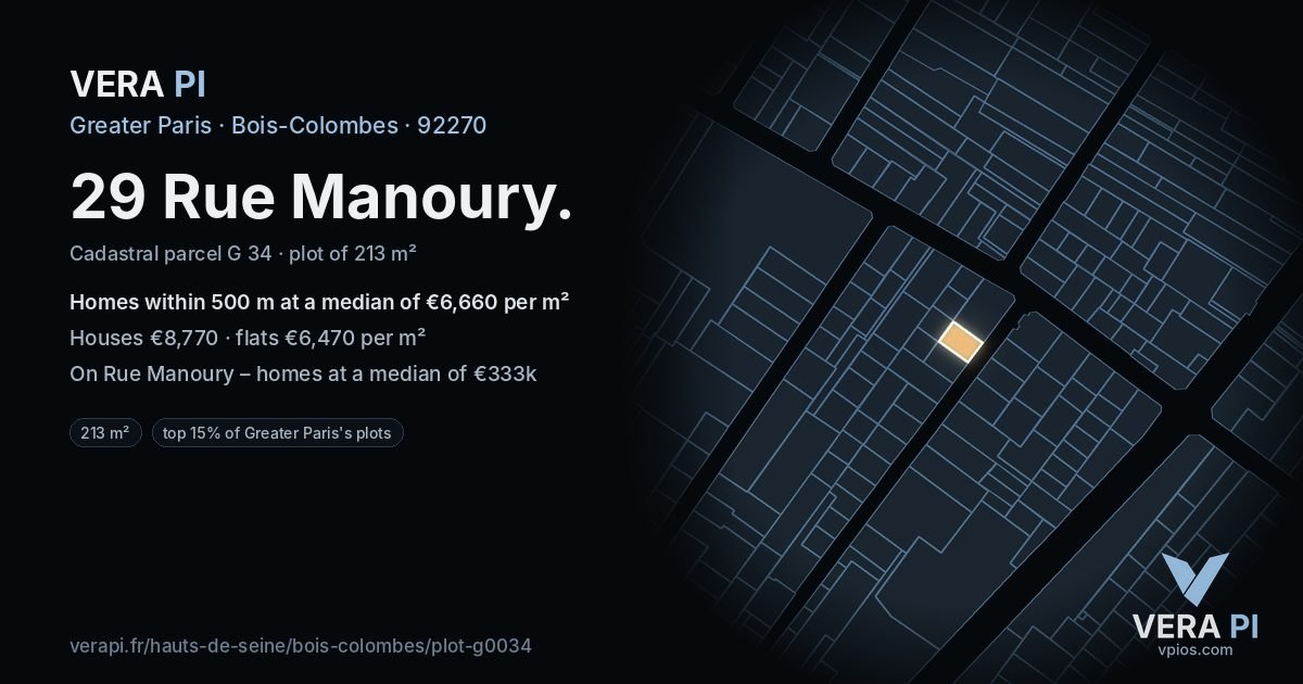 29 Rue Manoury, Bois-Colombes at night – the plot lit, the parcels around coloured by the prices near them