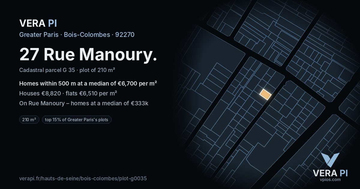 27 Rue Manoury, Bois-Colombes at night – the plot lit, the parcels around coloured by the prices near them