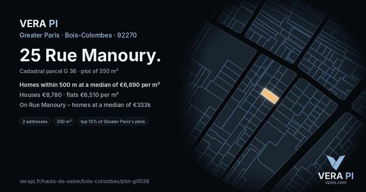 25 Rue Manoury, Bois-Colombes at night – the plot lit, the parcels around coloured by the prices near them