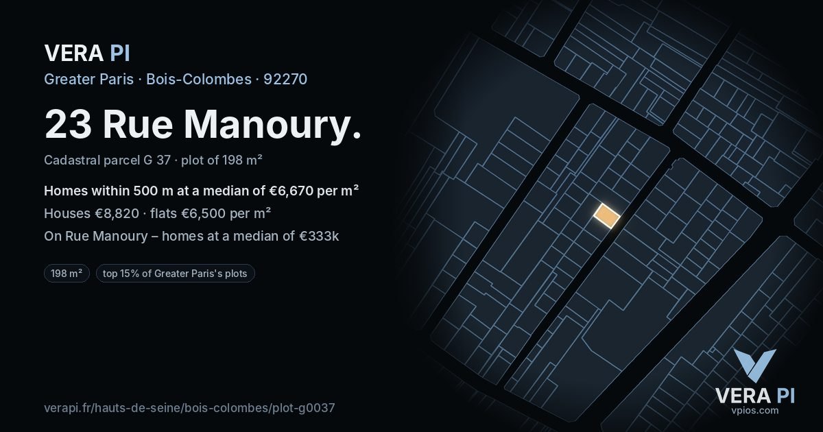 23 Rue Manoury, Bois-Colombes at night – the plot lit, the parcels around coloured by the prices near them