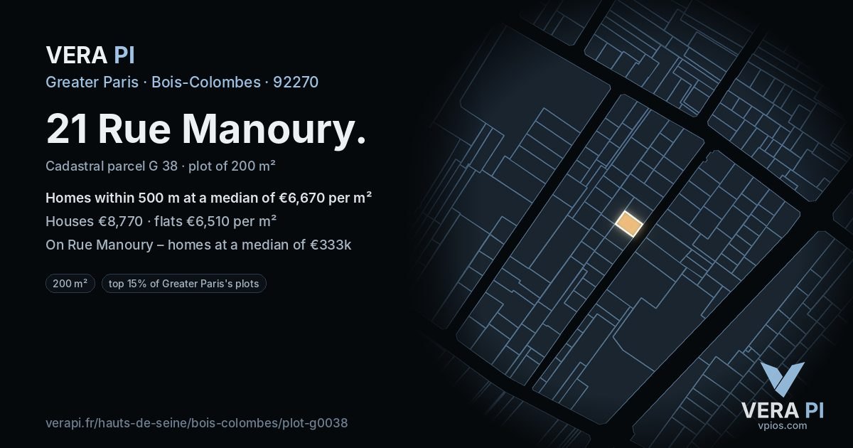 21 Rue Manoury, Bois-Colombes at night – the plot lit, the parcels around coloured by the prices near them