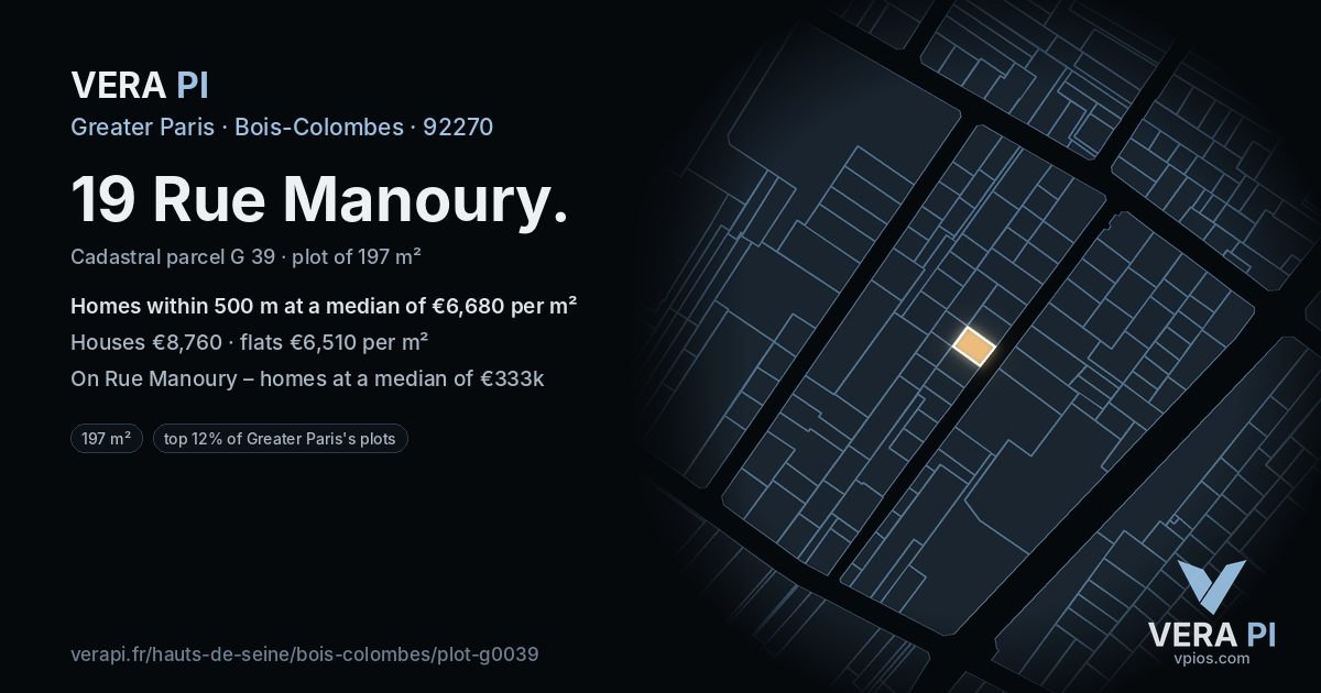 19 Rue Manoury, Bois-Colombes at night – the plot lit, the parcels around coloured by the prices near them