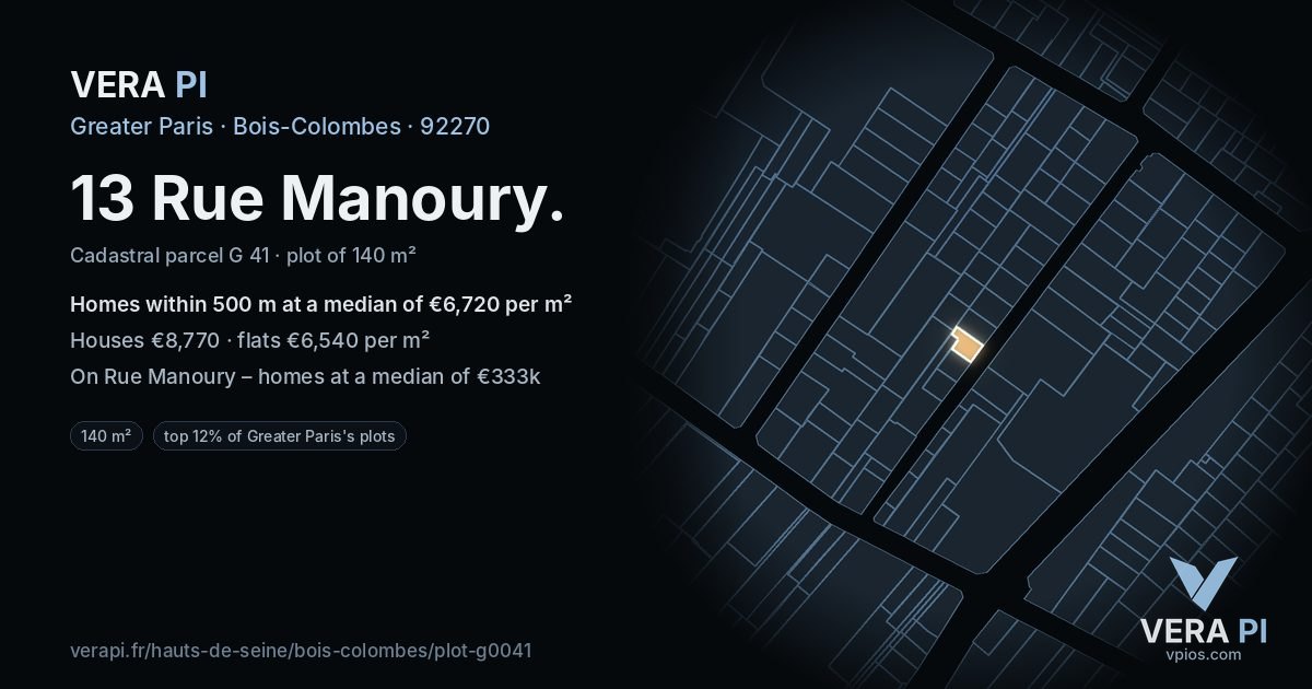 13 Rue Manoury, Bois-Colombes at night – the plot lit, the parcels around coloured by the prices near them