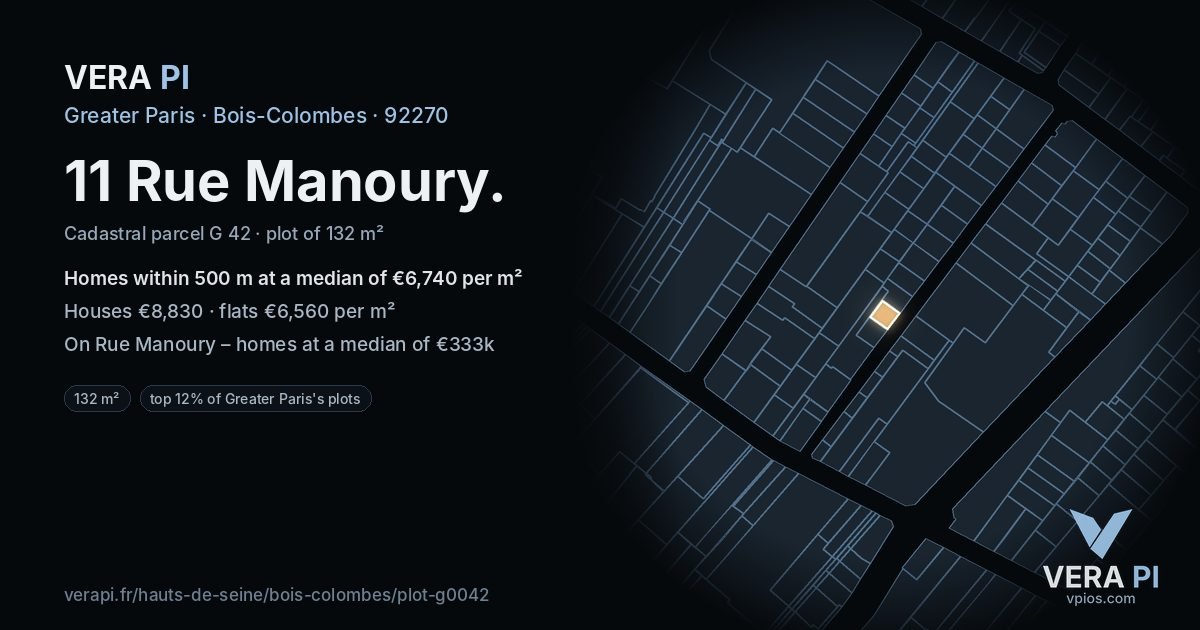 11 Rue Manoury, Bois-Colombes at night – the plot lit, the parcels around coloured by the prices near them