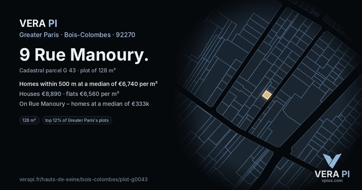 9 Rue Manoury, Bois-Colombes at night – the plot lit, the parcels around coloured by the prices near them