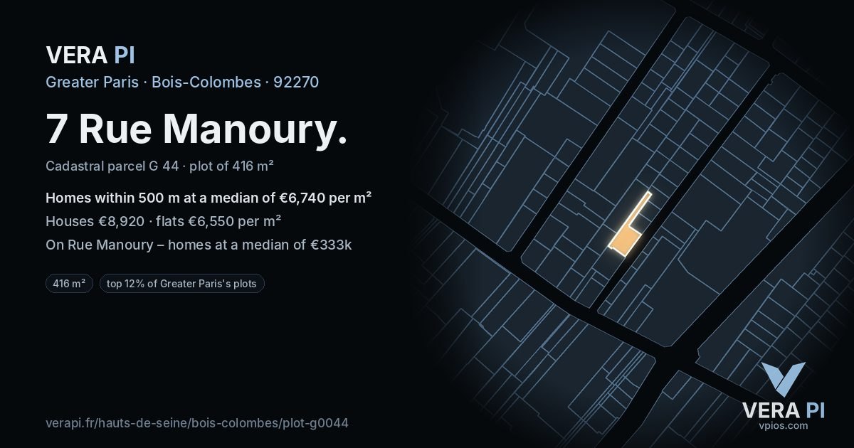 7 Rue Manoury, Bois-Colombes at night – the plot lit, the parcels around coloured by the prices near them
