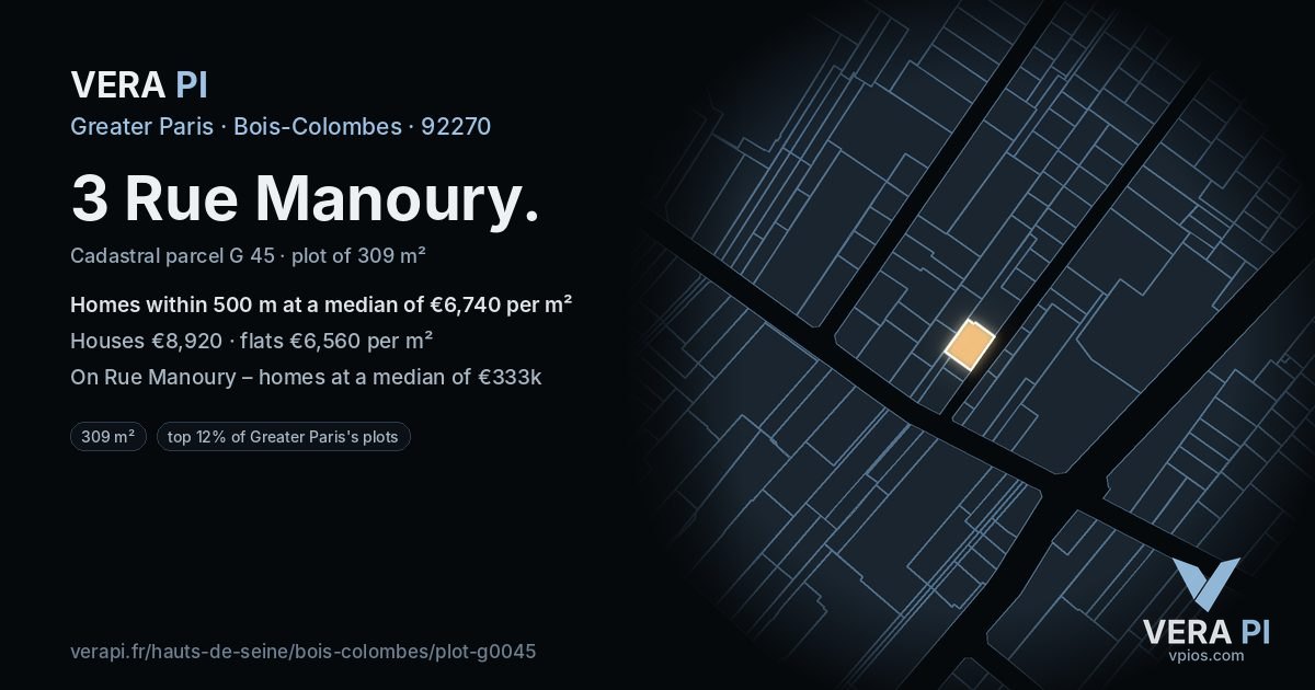 3 Rue Manoury, Bois-Colombes at night – the plot lit, the parcels around coloured by the prices near them