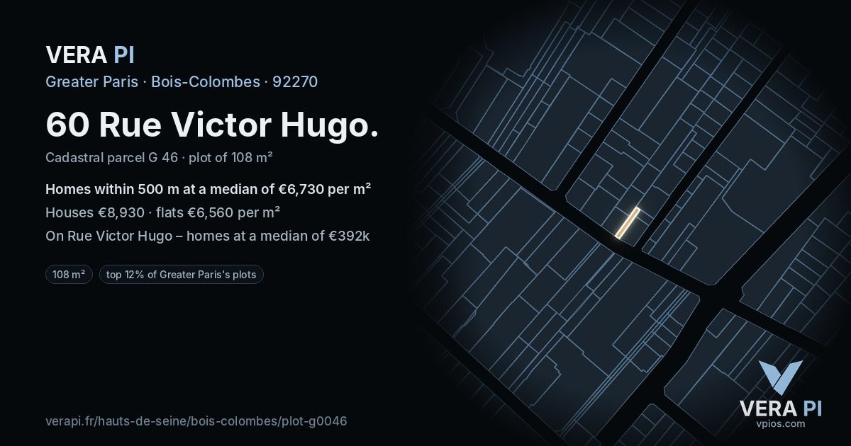 60 Rue Victor Hugo, Bois-Colombes at night – the plot lit, the parcels around coloured by the prices near them