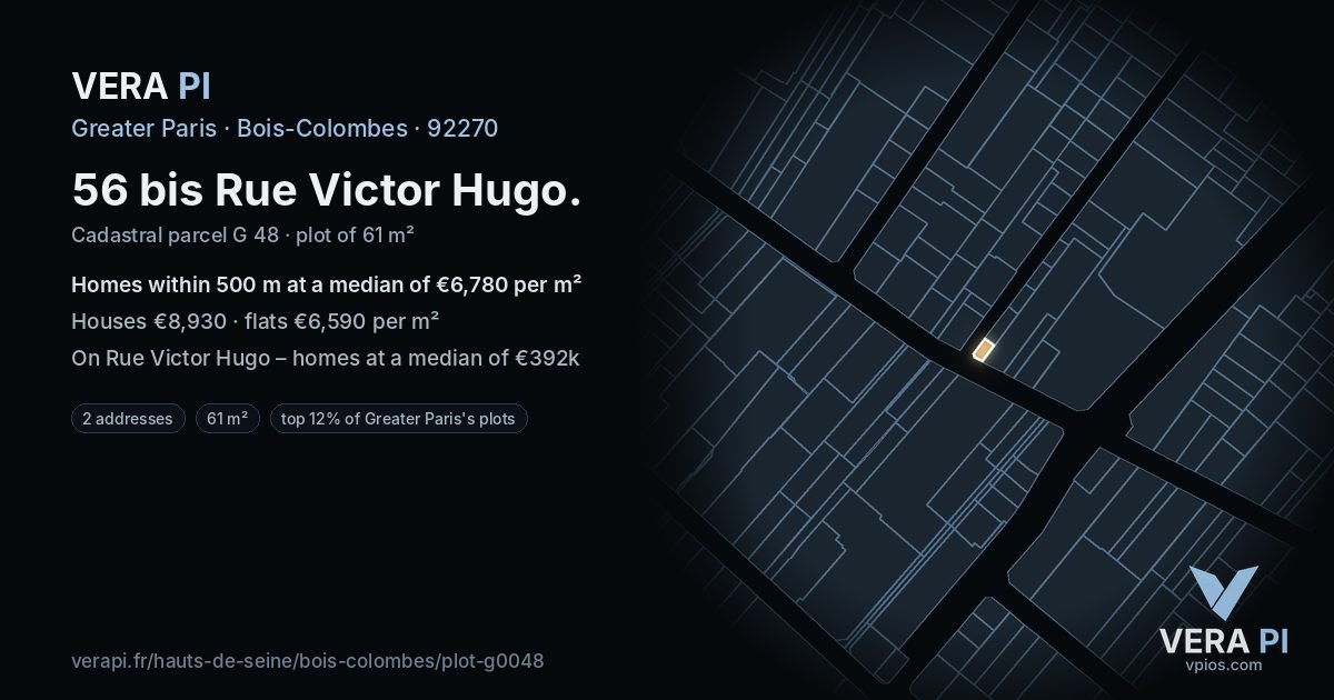 56 bis Rue Victor Hugo, Bois-Colombes at night – the plot lit, the parcels around coloured by the prices near them