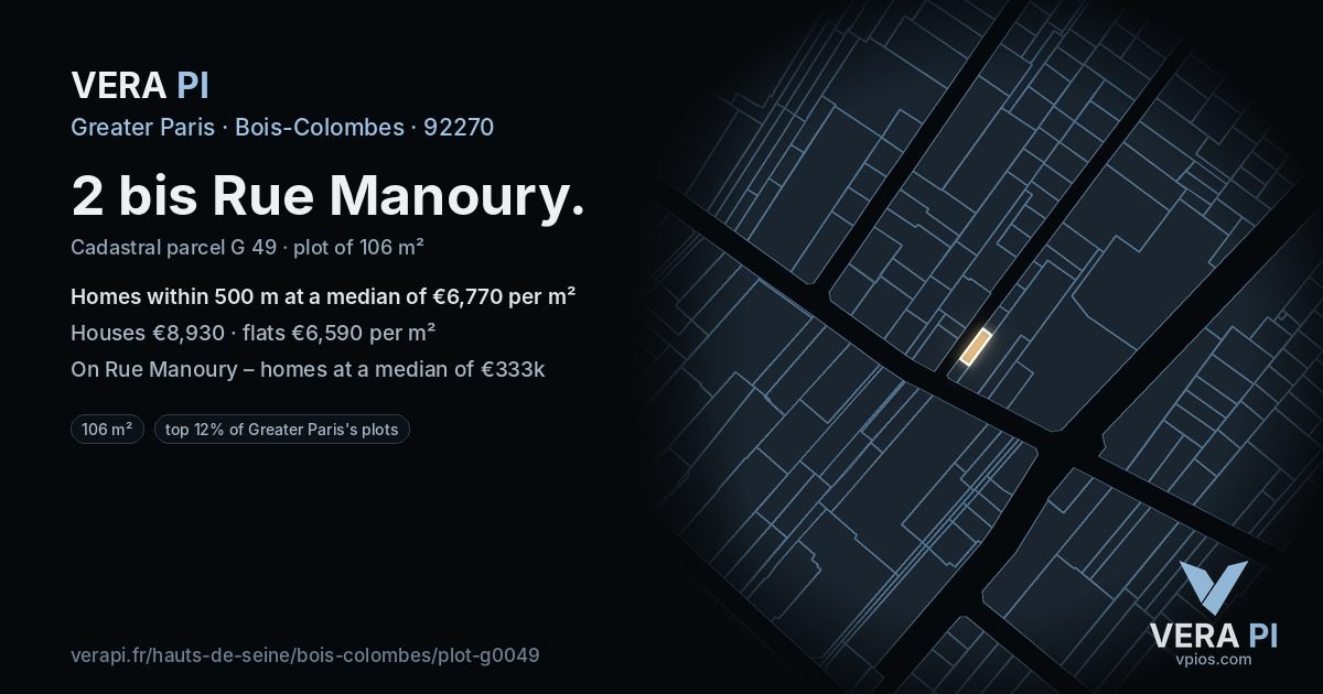 2 bis Rue Manoury, Bois-Colombes at night – the plot lit, the parcels around coloured by the prices near them