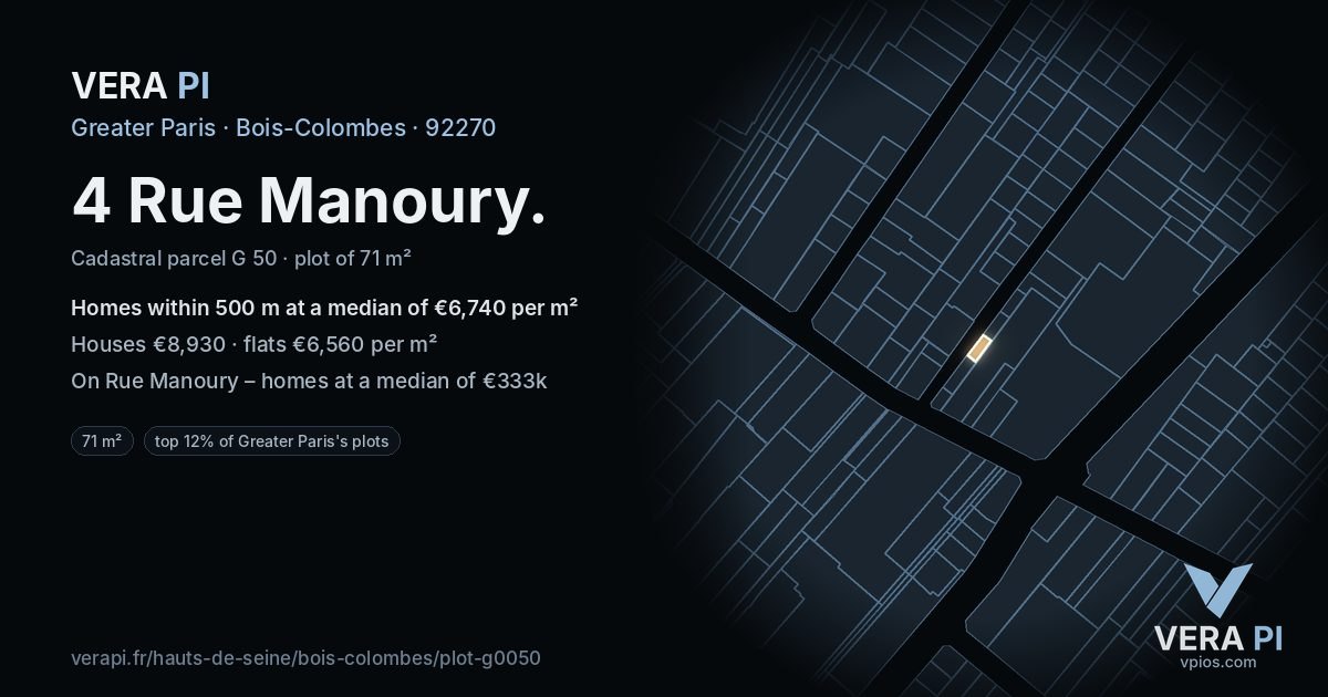 4 Rue Manoury, Bois-Colombes at night – the plot lit, the parcels around coloured by the prices near them