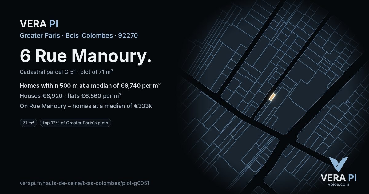 6 Rue Manoury, Bois-Colombes at night – the plot lit, the parcels around coloured by the prices near them