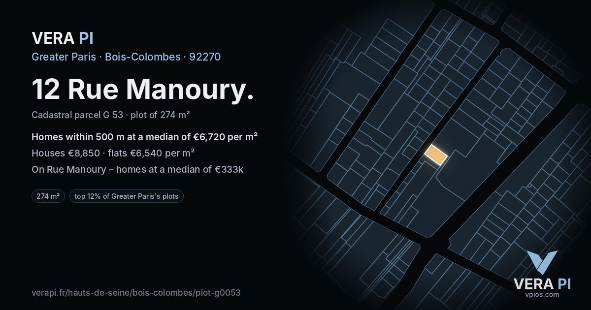 12 Rue Manoury, Bois-Colombes at night – the plot lit, the parcels around coloured by the prices near them
