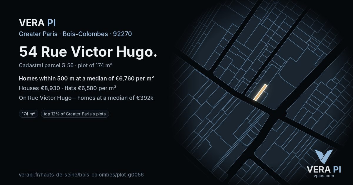 54 Rue Victor Hugo, Bois-Colombes at night – the plot lit, the parcels around coloured by the prices near them