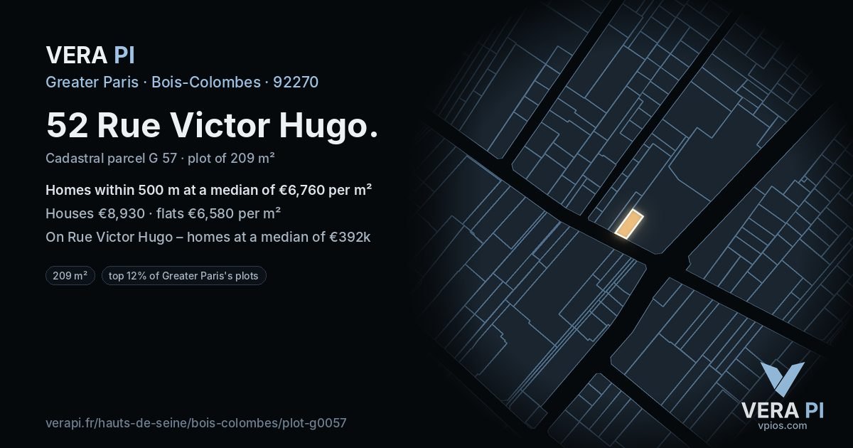 52 Rue Victor Hugo, Bois-Colombes at night – the plot lit, the parcels around coloured by the prices near them