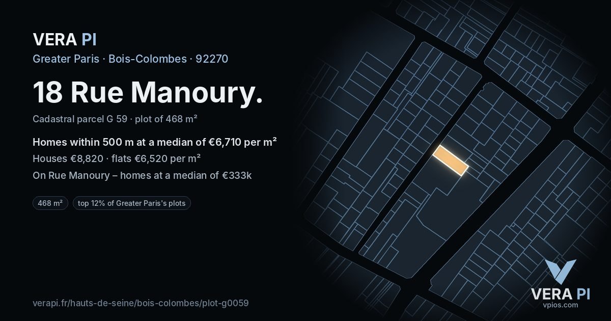 18 Rue Manoury, Bois-Colombes at night – the plot lit, the parcels around coloured by the prices near them
