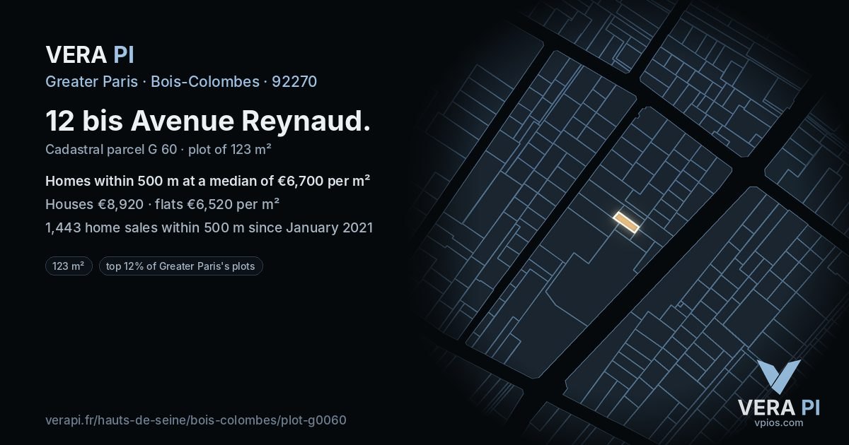 12 bis Avenue Reynaud, Bois-Colombes at night – the plot lit, the parcels around coloured by the prices near them