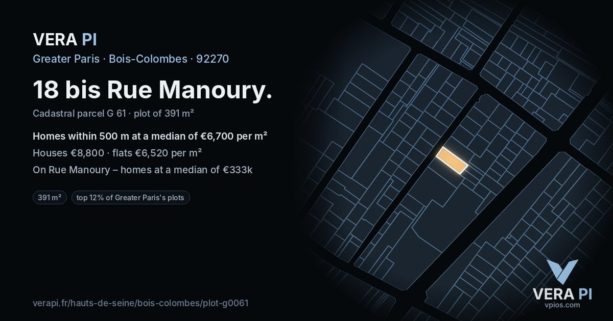 18 bis Rue Manoury, Bois-Colombes at night – the plot lit, the parcels around coloured by the prices near them