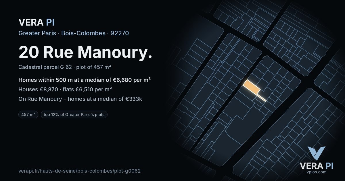 20 Rue Manoury, Bois-Colombes at night – the plot lit, the parcels around coloured by the prices near them