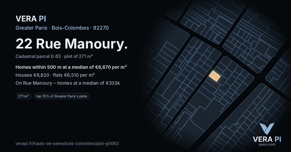 22 Rue Manoury, Bois-Colombes at night – the plot lit, the parcels around coloured by the prices near them