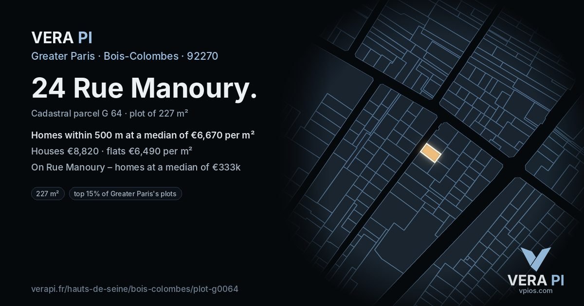 24 Rue Manoury, Bois-Colombes at night – the plot lit, the parcels around coloured by the prices near them