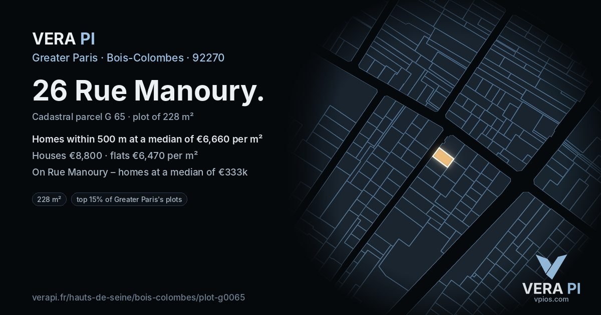 26 Rue Manoury, Bois-Colombes at night – the plot lit, the parcels around coloured by the prices near them