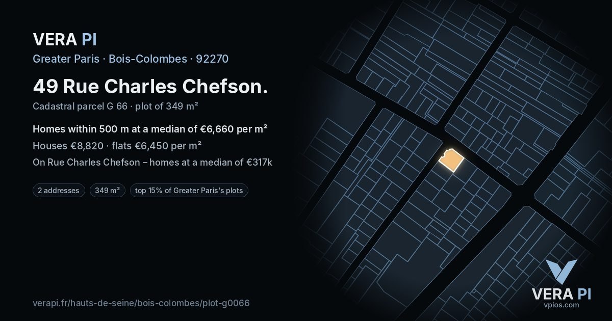 49 Rue Charles Chefson, Bois-Colombes at night – the plot lit, the parcels around coloured by the prices near them