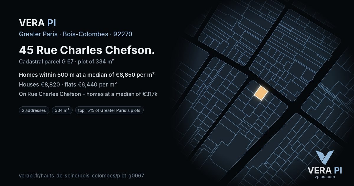 45 Rue Charles Chefson, Bois-Colombes at night – the plot lit, the parcels around coloured by the prices near them