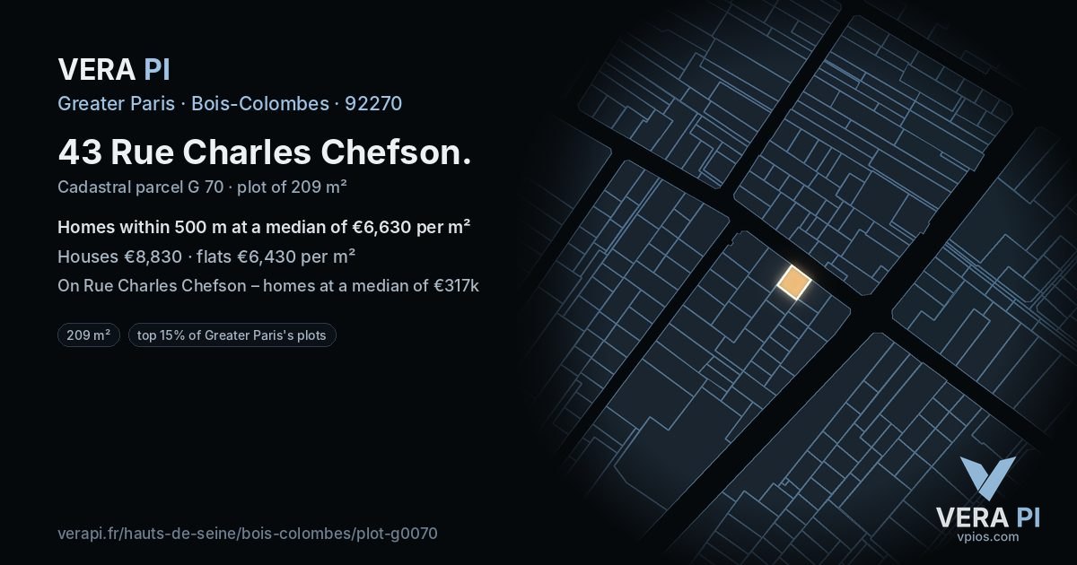 43 Rue Charles Chefson, Bois-Colombes at night – the plot lit, the parcels around coloured by the prices near them
