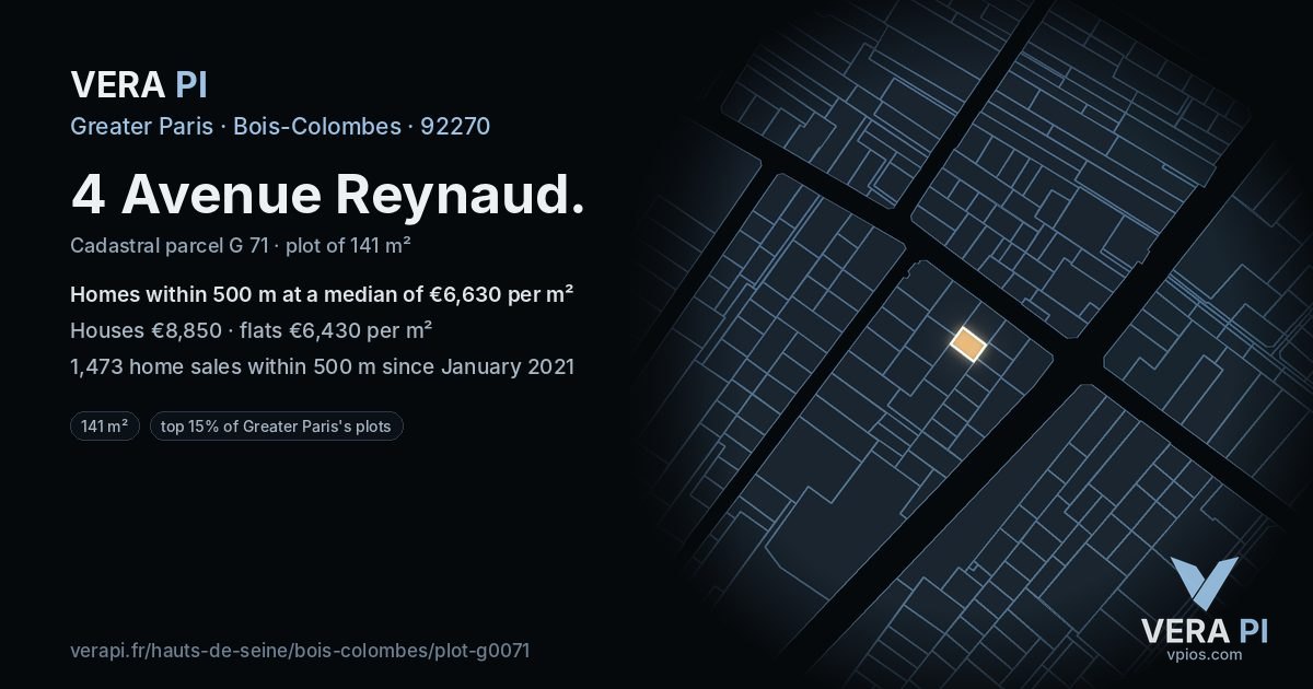 4 Avenue Reynaud, Bois-Colombes at night – the plot lit, the parcels around coloured by the prices near them