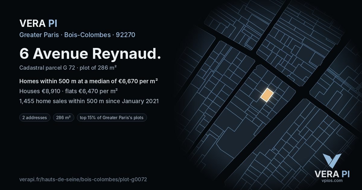 6 Avenue Reynaud, Bois-Colombes at night – the plot lit, the parcels around coloured by the prices near them