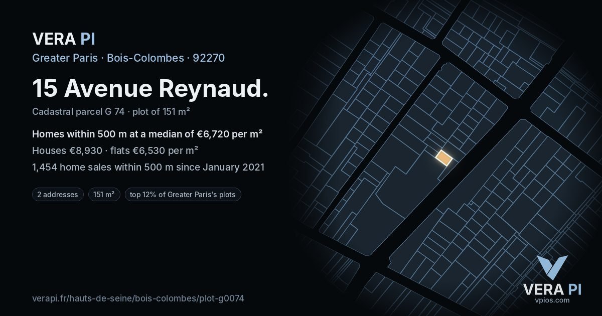 15 Avenue Reynaud, Bois-Colombes at night – the plot lit, the parcels around coloured by the prices near them