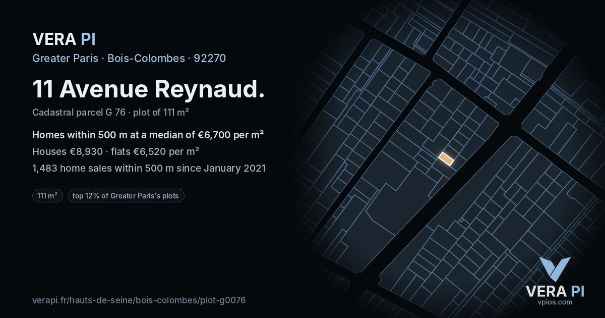 11 Avenue Reynaud, Bois-Colombes at night – the plot lit, the parcels around coloured by the prices near them