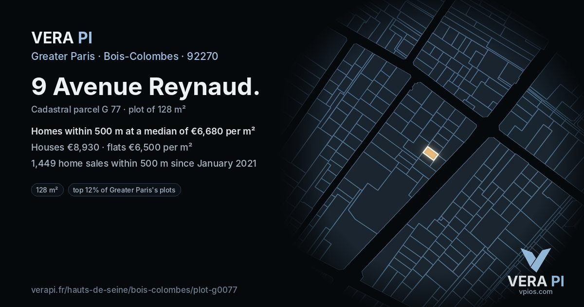 9 Avenue Reynaud, Bois-Colombes at night – the plot lit, the parcels around coloured by the prices near them