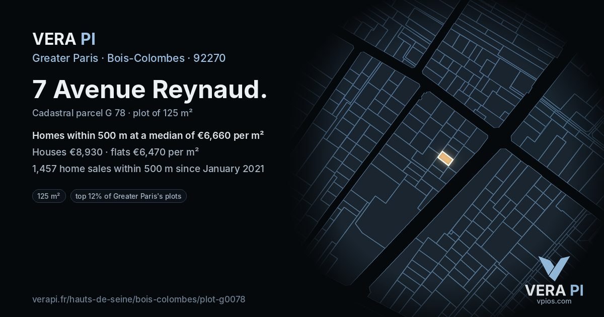 7 Avenue Reynaud, Bois-Colombes at night – the plot lit, the parcels around coloured by the prices near them