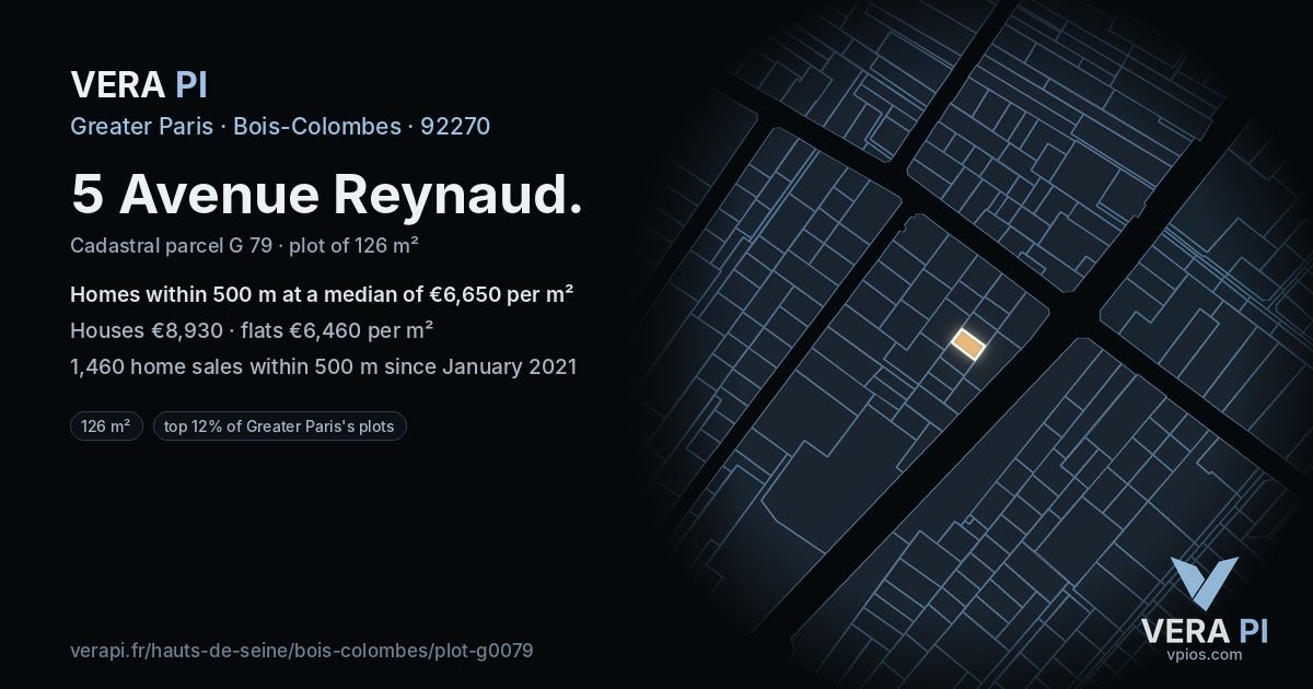 5 Avenue Reynaud, Bois-Colombes at night – the plot lit, the parcels around coloured by the prices near them